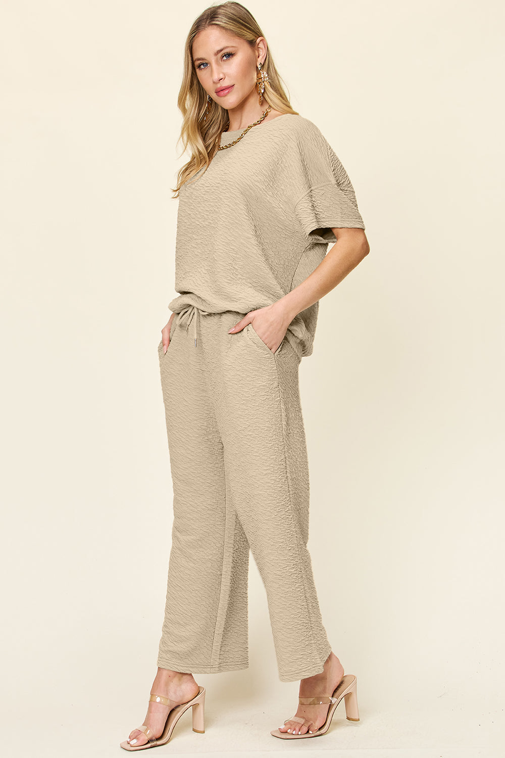 Khaki textured cocoon top and wide leg pants set with drawstring waist
