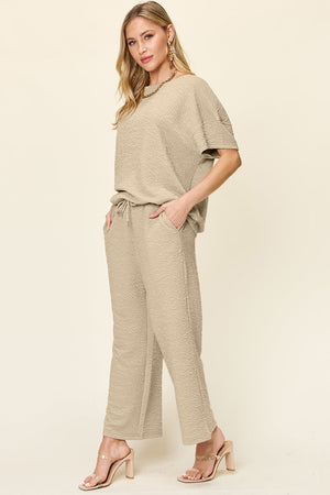 Khaki textured cocoon top and wide leg pants set with drawstring waist