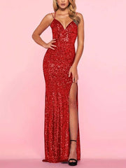 Big Red sequin maxi dress with spaghetti straps, V-neck, and high slit.