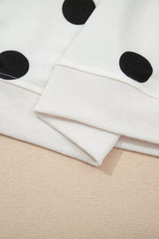 White polka dot ribbed trim two-piece set detail