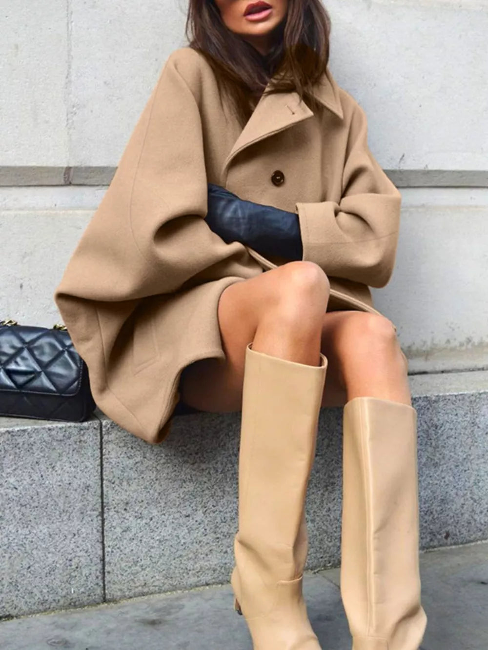 Oversized Lapel Collar Button-down Coat in Brown, model styling view