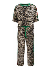 Leopard print loungewear set with green trim and side stripes.