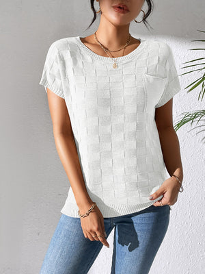 White knit pocket tee with textured check pattern and short sleeves
