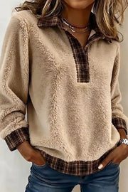 Plaid Collar Button Front Fleece Pullover Sweatshirt in Khaki, side view