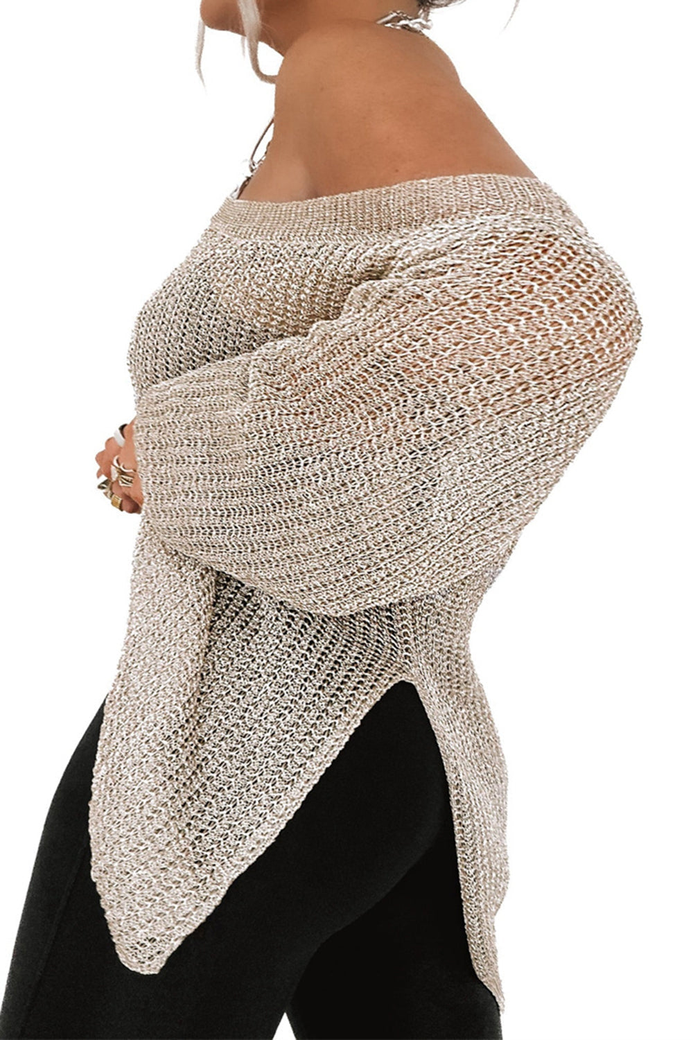Off-shoulder metallic knit top in khaki with a slit hem and long sleeves.