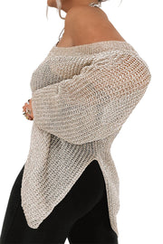 Off-shoulder metallic knit top in khaki with a slit hem and long sleeves.