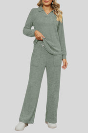 Sage ribbed knit lounge set with collar and wide leg pants featuring pockets.