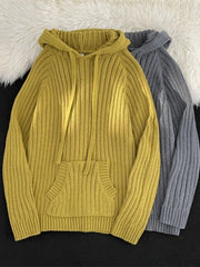 Yellow ribbed knit hooded sweater with front pocket and drawstring.