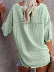 Light Green waffle knit relaxed t-shirt with short sleeves and a V-neck.