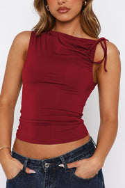 Scarlet asymmetric ruched tie-shoulder tank top with a draped neckline.