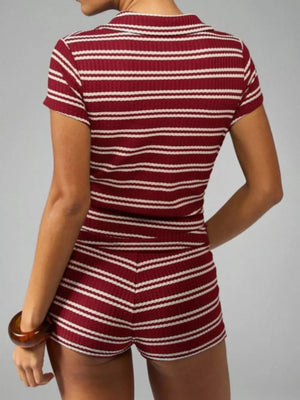 Burgundy striped knit two-piece set with a collared top and shorts.