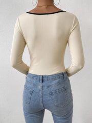 Ribbed Sweetheart Neckline Long Sleeve Bodysuit in Apricot, alternate angle