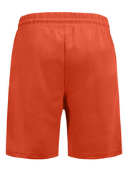 Men's orange red chino shorts with elastic waistband and drawstring detail.