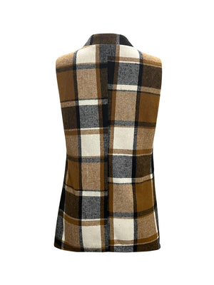 Tonal plaid tailored sleeveless blazer in camel with a notched lapel.
