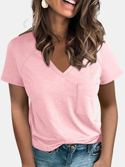 Blush pink raglan pocket t-shirt with V-neck and short sleeves.