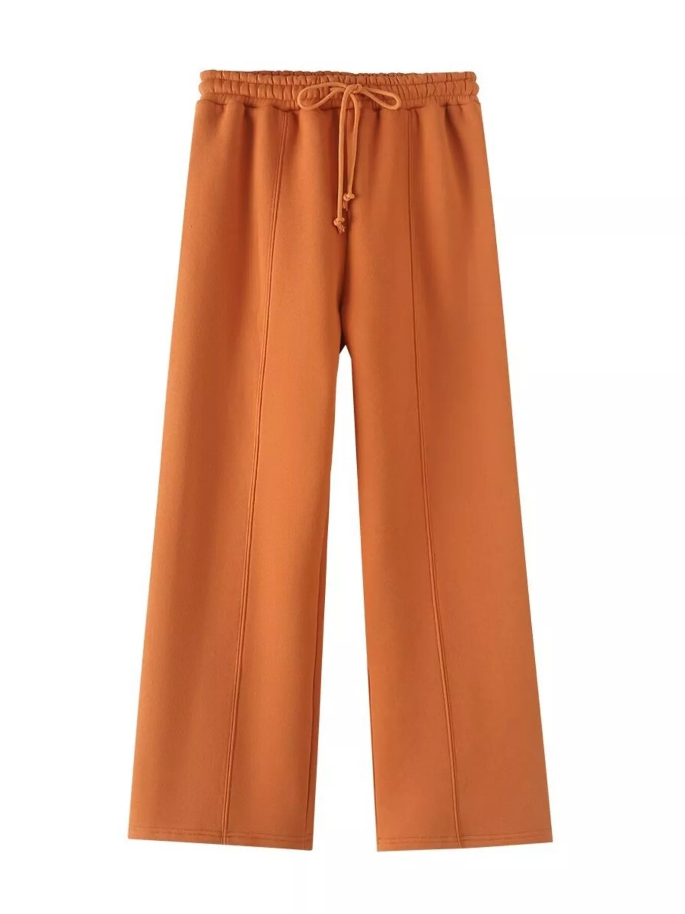 Orange casual wide-leg pants with drawstring waist and seam detail.