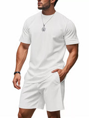 Men's white ribbed crew neck t-shirt and shorts set with pinstripe pattern.