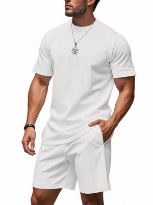 Men's white ribbed crew neck t-shirt and shorts set with pinstripe pattern.