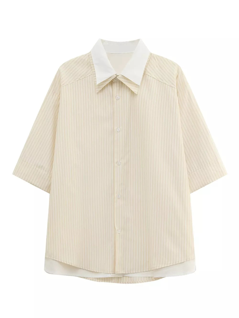 Yellow striped casual button-up shirt with white collar and short sleeves