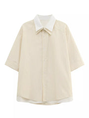 Yellow striped casual button-up shirt with white collar and short sleeves