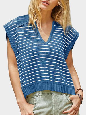 Blue striped ribbed knit polo vest with a V-neck and collar.