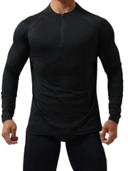 Black performance raglan zip-neck active top with long sleeves.