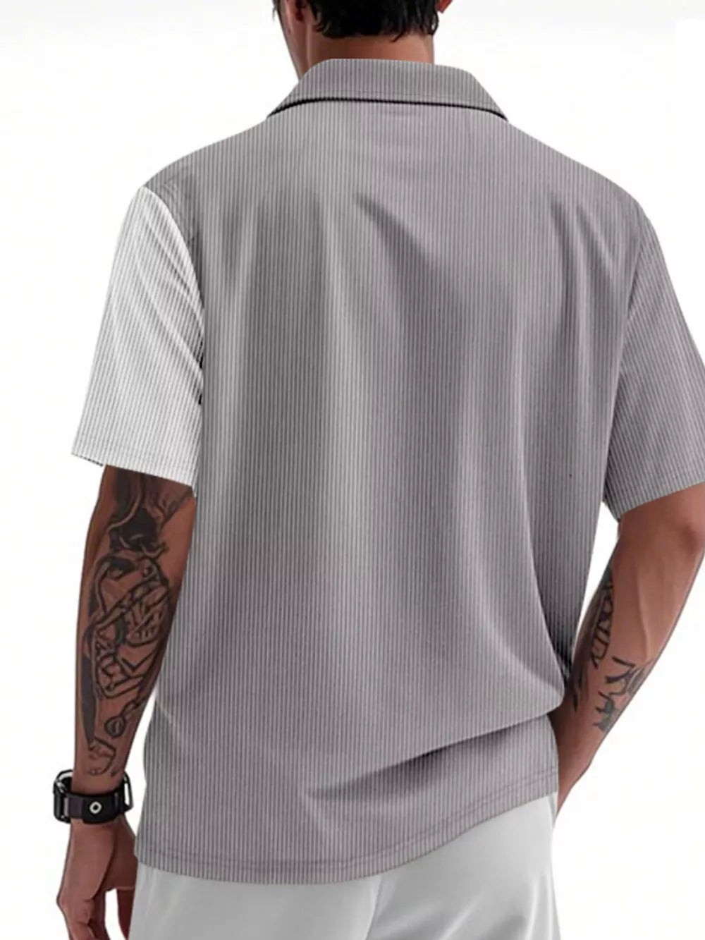 Men's light gray short sleeve button-down shirt with vertical pinstripe texture and color block white sleeve.