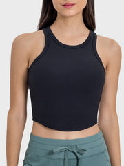 Black ribbed racerback active tank top with round neckline
