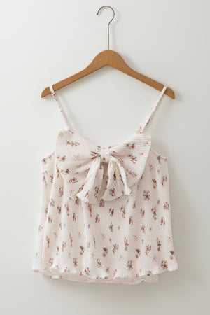 Floral pleated tank top with bow back detail and ruffled hem