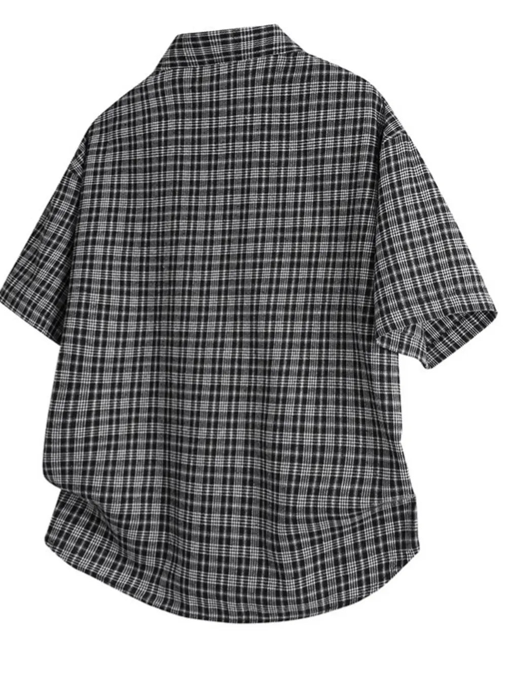 Black plaid oversized button-front shirt with short sleeves.