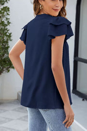 Dark Navy textured blouse with flutter sleeves and V-neck.