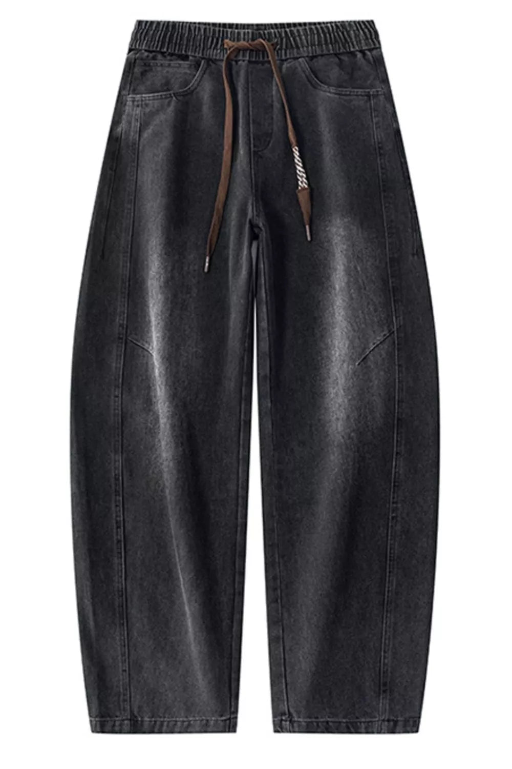Men's black vintage wash wide-leg denim jeans with drawstring waist