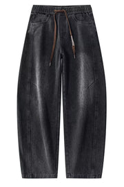 Men's black vintage wash wide-leg denim jeans with drawstring waist
