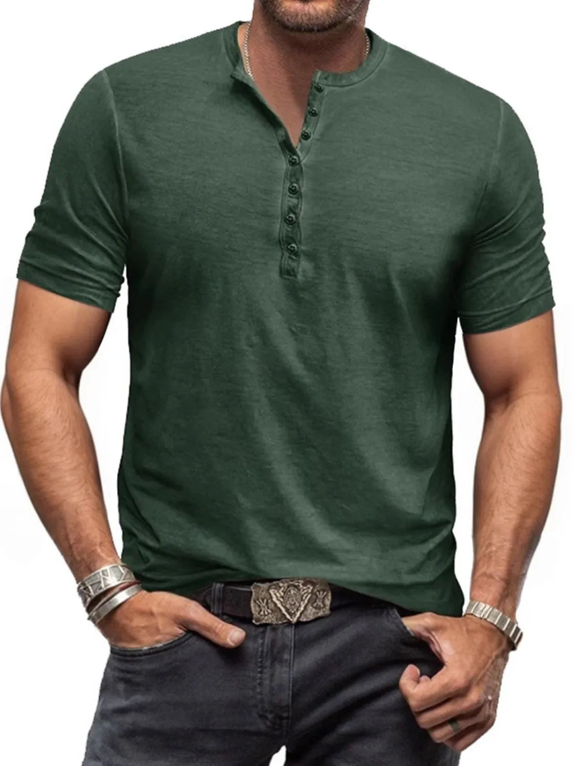 Dark Green Henley Tee with subtle washed finish and buttoned neckline.