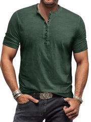 Dark Green Henley Tee with subtle washed finish and buttoned neckline.