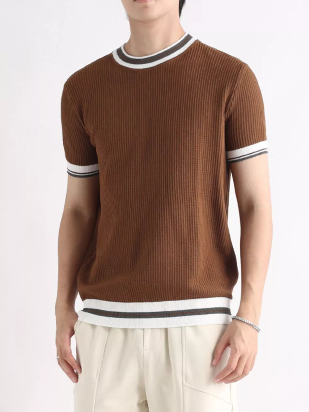 Brown ribbed crew neck t-shirt with white and dark stripe trim on collar, sleeves, and hem.