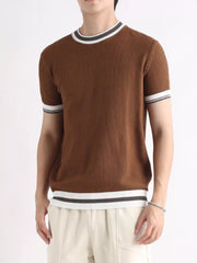 Brown ribbed crew neck t-shirt with white and dark stripe trim on collar, sleeves, and hem.