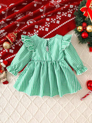Green gingham baby dress with ruffled sleeves and a gathered skirt.