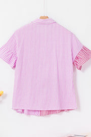 Pink striped blouse with ruffle sleeves and buttoned collar