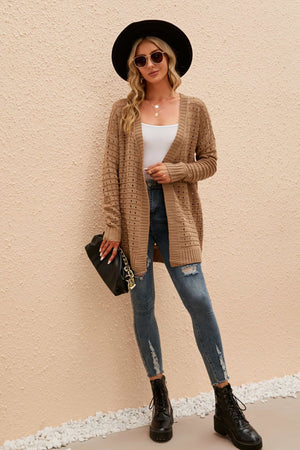Khaki perforated knit longline cardigan with open front and long sleeves.