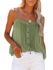 Pleated Button-down Spaghetti Strap Cami in Khaki, model styling view