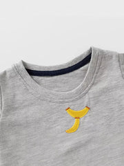 Grey t-shirt with embroidered banana detail and navy neckline trim