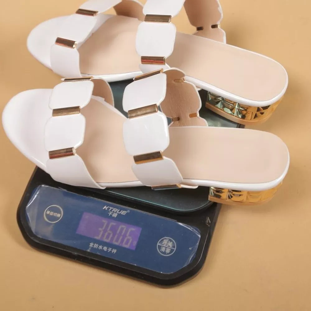 White block heel sandals with gold accent straps and block heel detail.