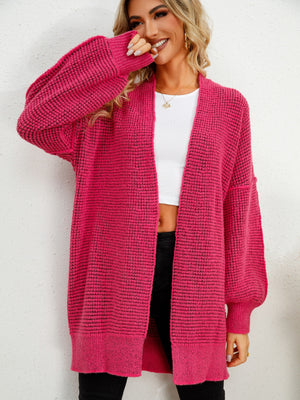 Hot Pink textured cocoon cardigan with balloon sleeves and open front.