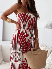 Strapless wide-leg romper in white with red tribal print, polyester, smocked bodice