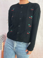 Black cherry embroidered button up cardigan with scalloped trim