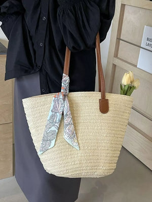 Straw Woven Shoulder Bag in Beige White, back view