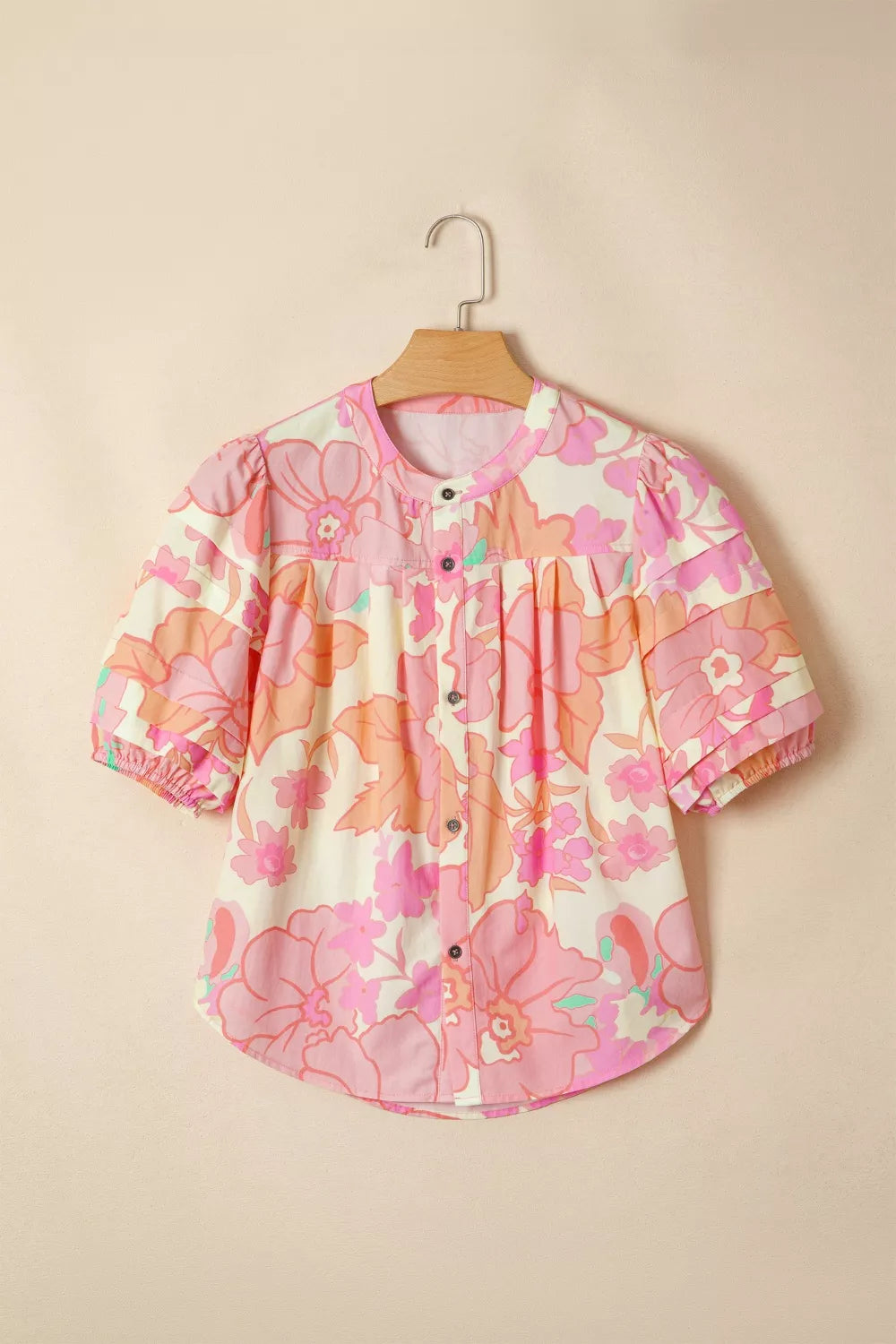 Women's short sleeve cotton shirt with retro floral pattern, band collar, and button-down front.
