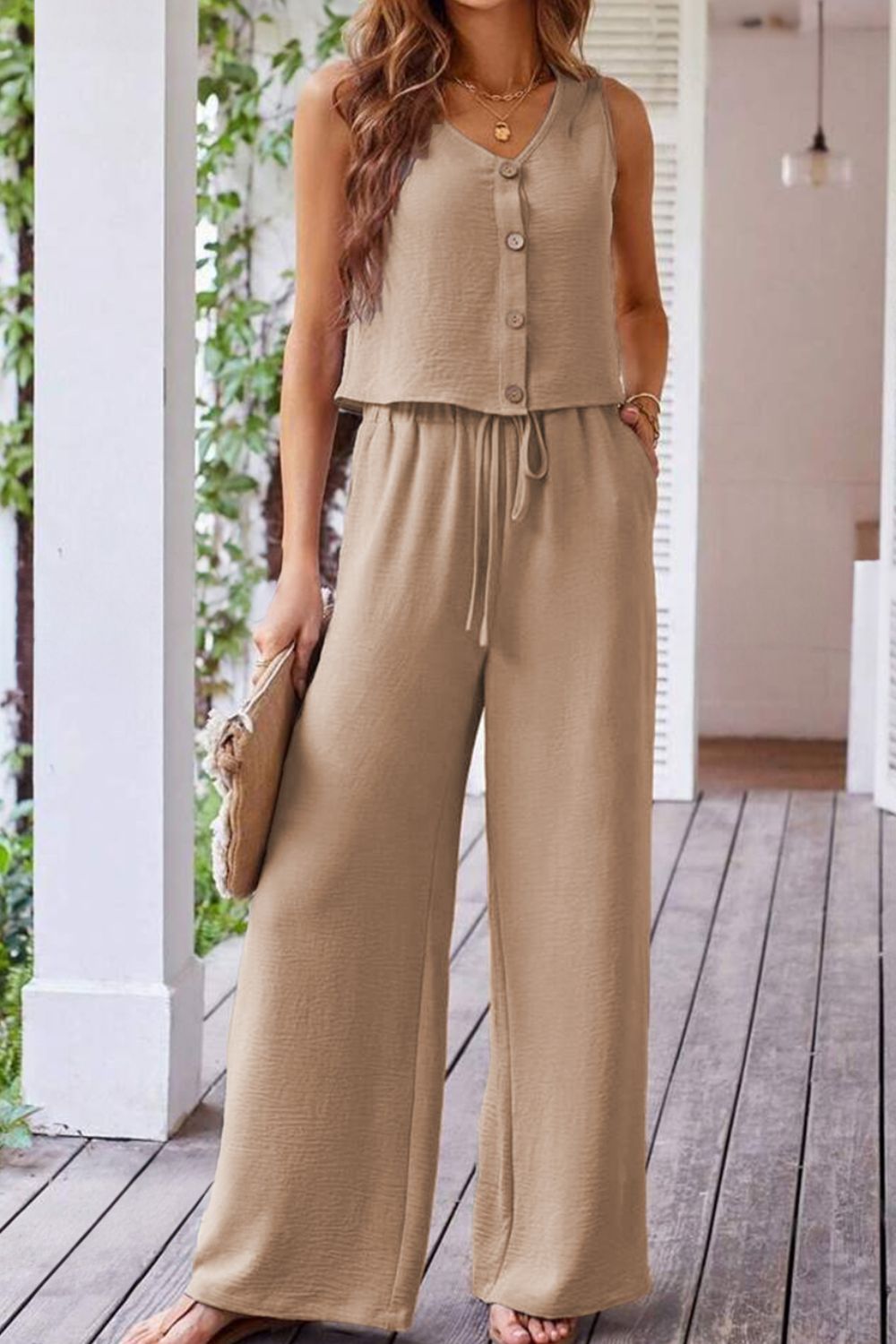 Camel button-front vest and drawstring palazzo pants set with a textured finish.