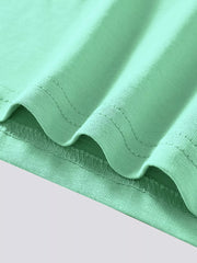 Mint green cotton blend toddler t-shirt detail showing stitching.